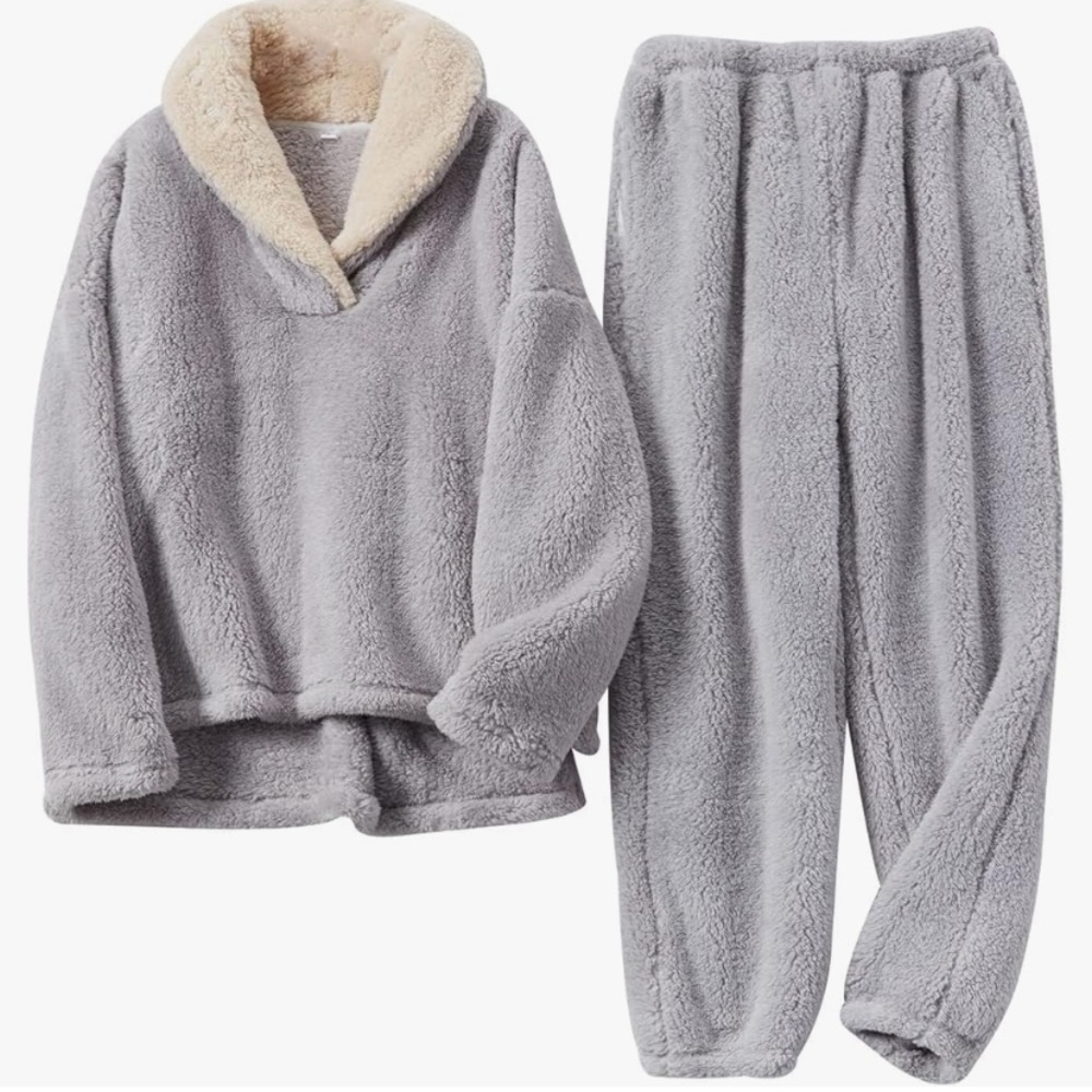 Cozy Gray and Cream Fluffy Pajama Set